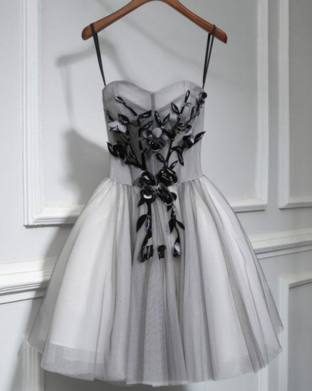 Gray Sweetheart Neck Tulle Lace Short Prom Dress, Cute Homecoming Dress ED0643
