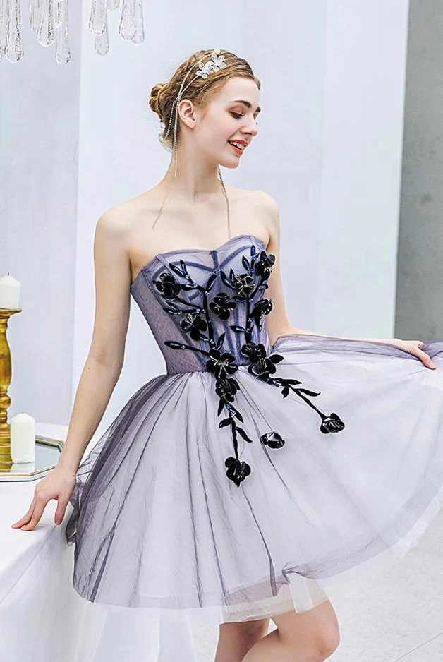 Gray Sweetheart Neck Tulle Lace Short Prom Dress, Cute Homecoming Dress ED0643