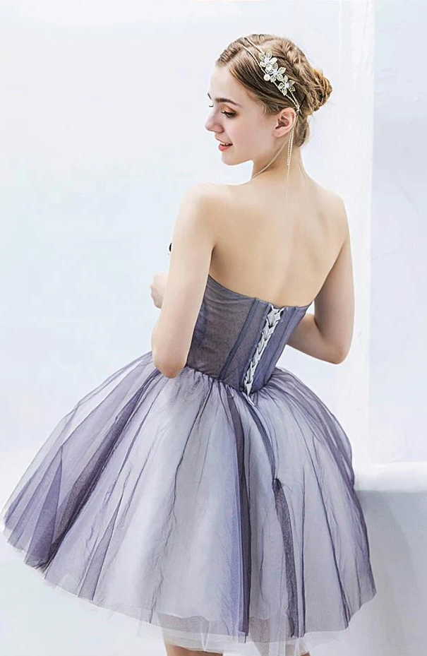 Gray Sweetheart Neck Tulle Lace Short Prom Dress, Cute Homecoming Dress ED0643