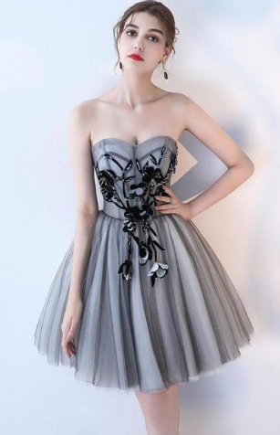 Gray Sweetheart Neck Tulle Lace Short Prom Dress, Cute Homecoming Dress ED0643