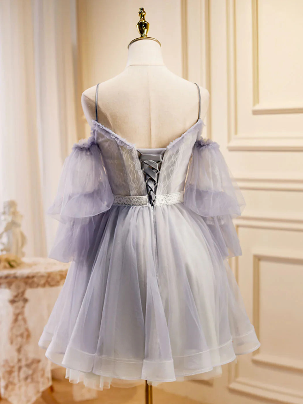 Light Purple A-Line Lace Tulle Short Prom Dress, Light Purple Homecoming Dress ED0644