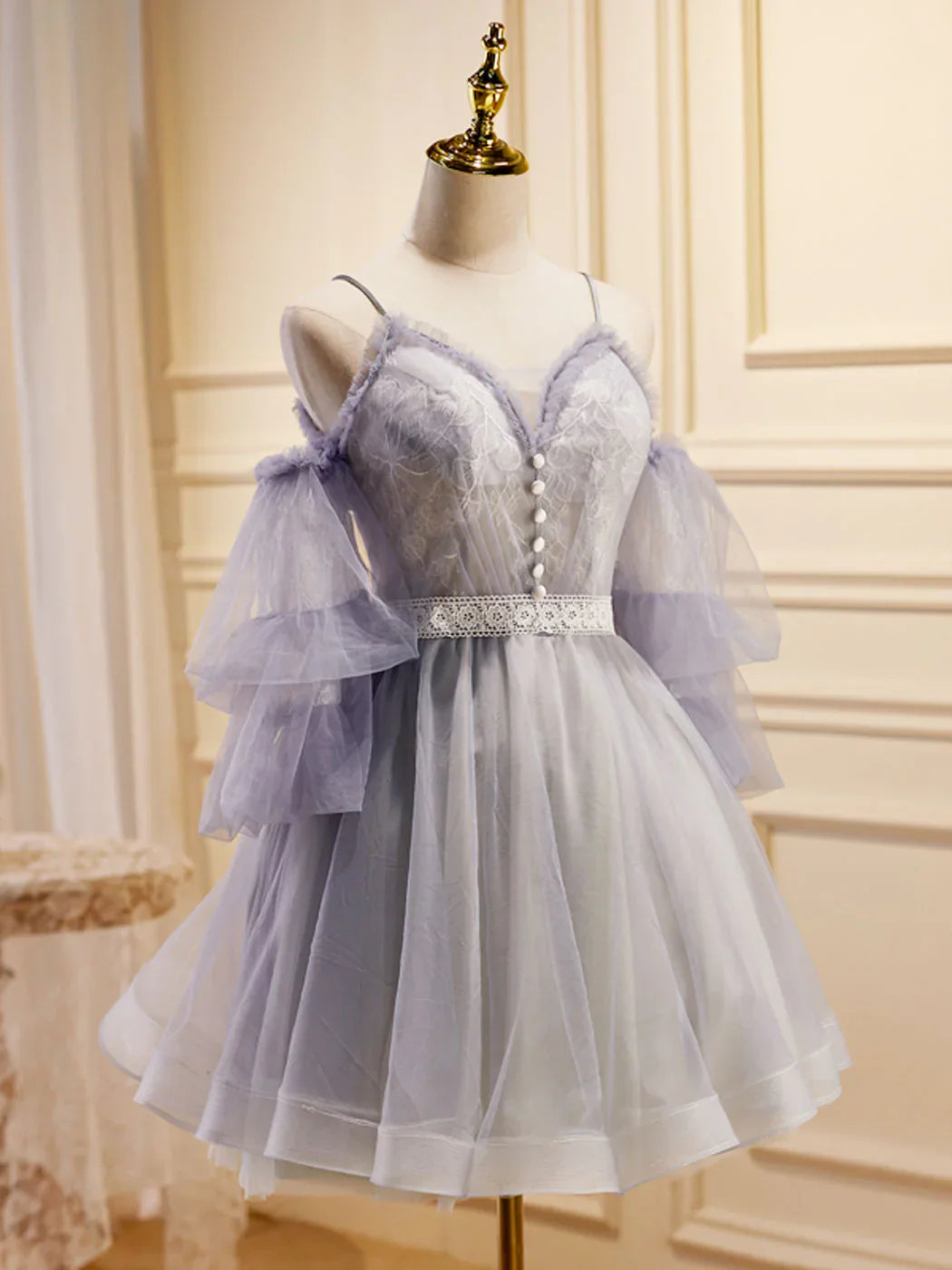 Light Purple A-Line Lace Tulle Short Prom Dress, Light Purple Homecoming Dress ED0644