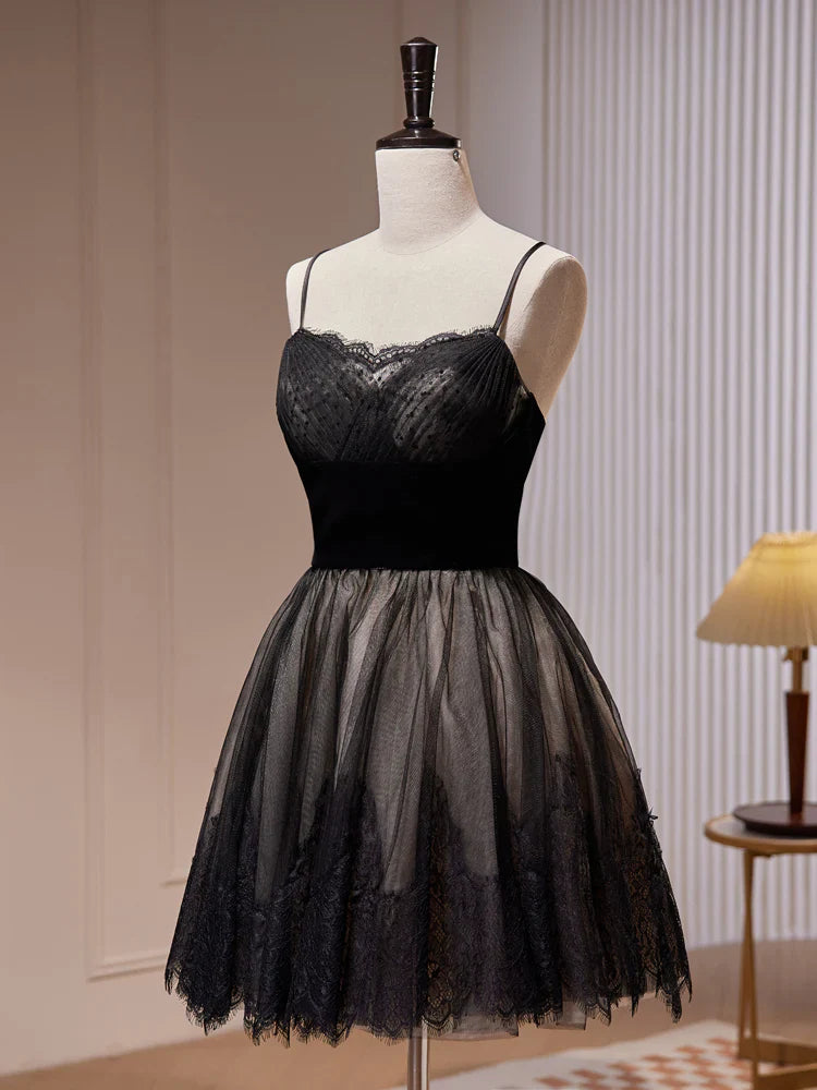 A-Line Lace Tulle Black Short Prom Dress, Black Homecoming Dress ED0645