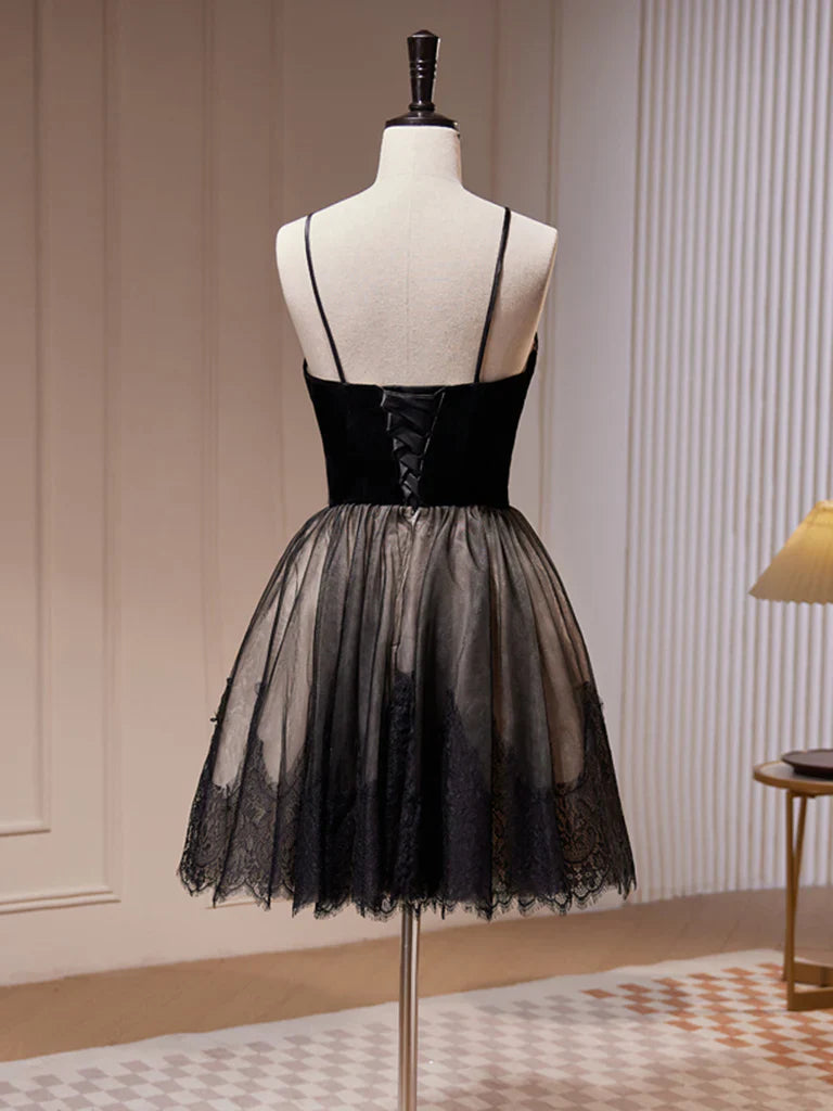A-Line Lace Tulle Black Short Prom Dress, Black Homecoming Dress ED0645
