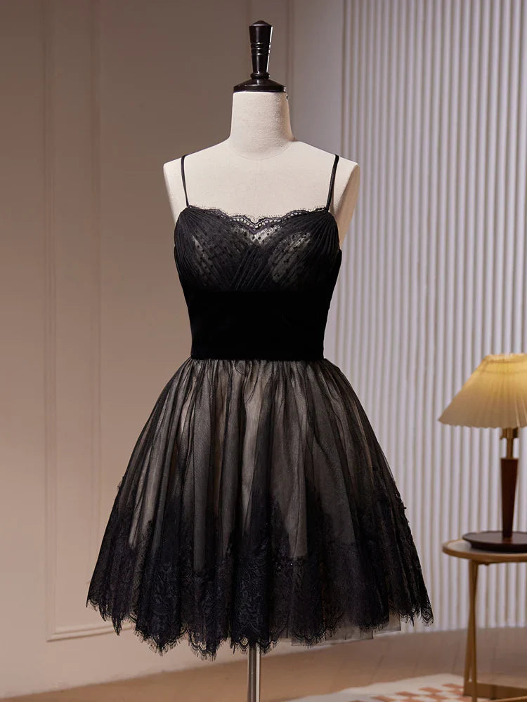 A-Line Lace Tulle Black Short Prom Dress, Black Homecoming Dress ED0645
