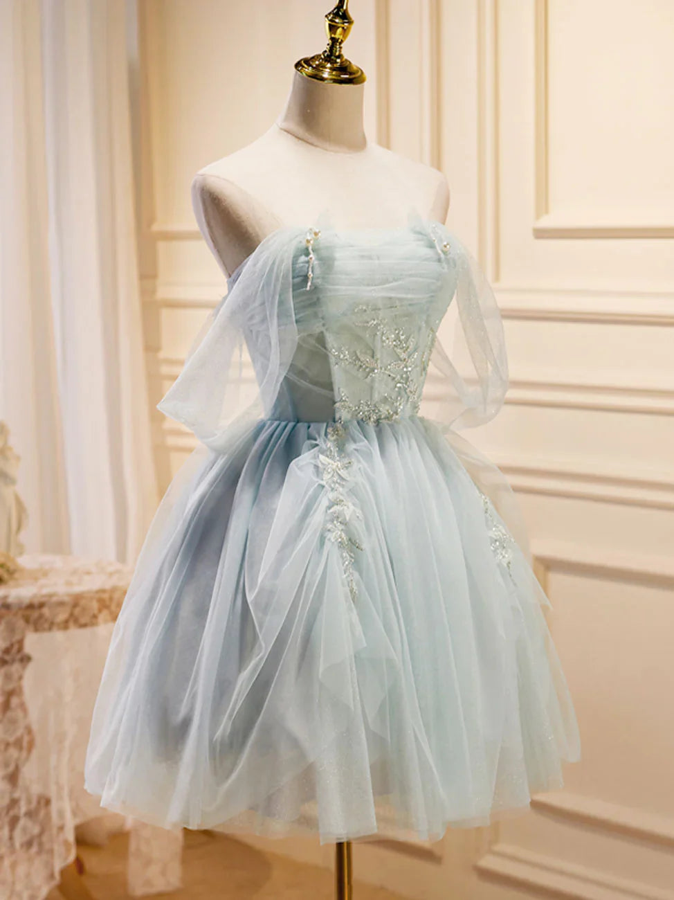 Puffy Tulle Off Shoulder Green Short Prom Dress, Green Cute Homecoming Dresses ED0647