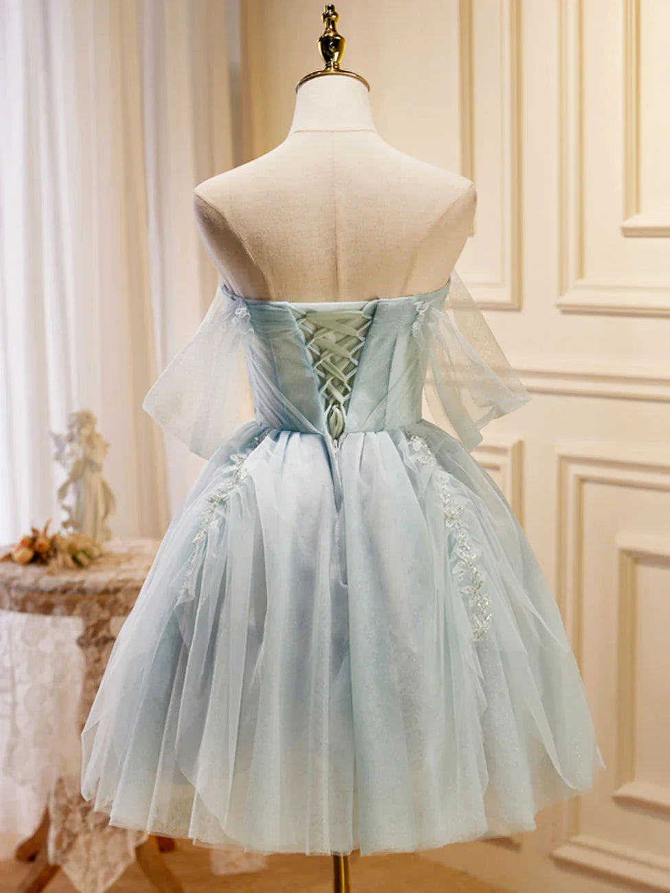 Puffy Tulle Off Shoulder Green Short Prom Dress, Green Cute Homecoming Dresses ED0647