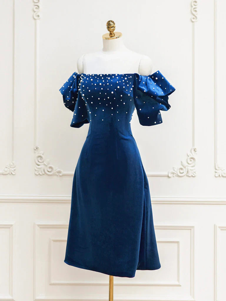 Black Velvet off-the-shoulder Beads Short Prom Dress, Black Evening Dress ED0649
