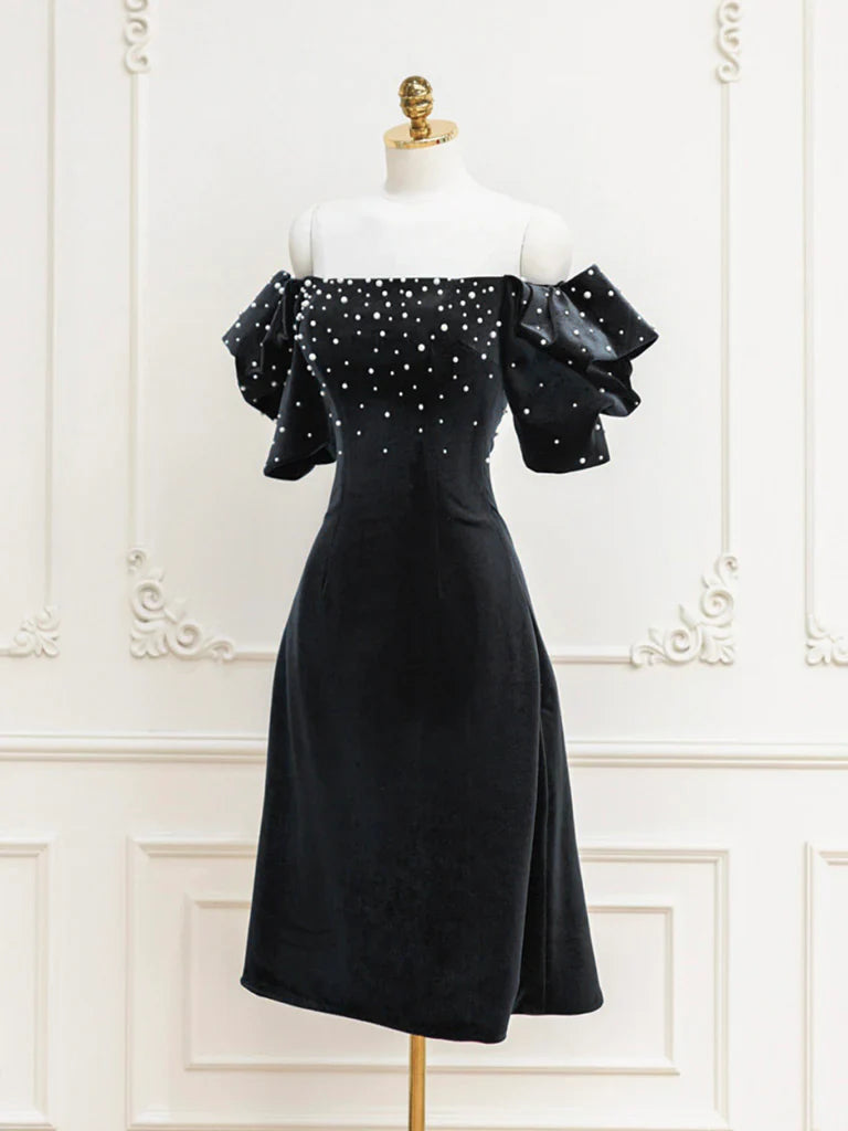 Black Velvet off-the-shoulder Beads Short Prom Dress, Black Evening Dress ED0649