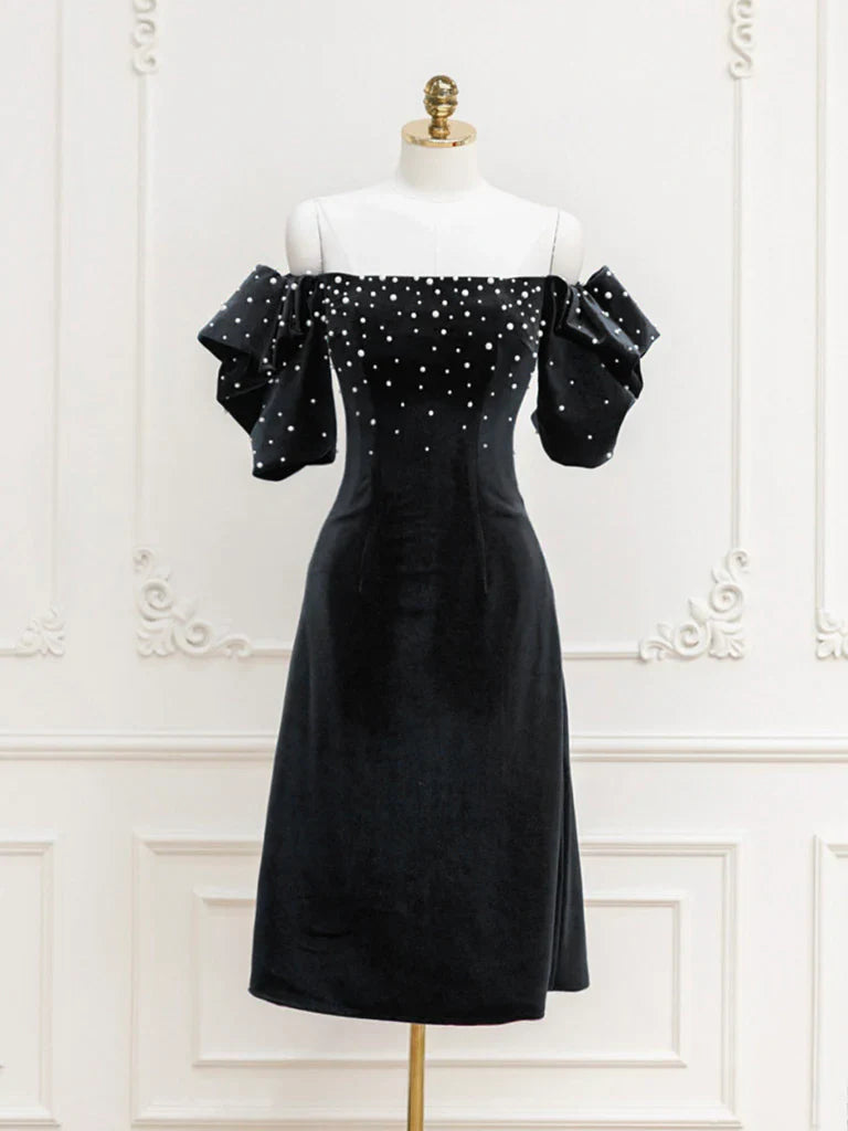 Black Velvet off-the-shoulder Beads Short Prom Dress, Black Evening Dress ED0649
