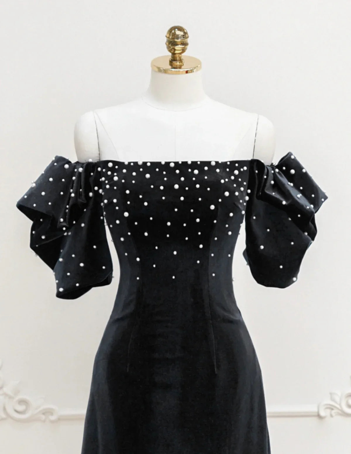 Black Velvet off-the-shoulder Beads Short Prom Dress, Black Evening Dress ED0649