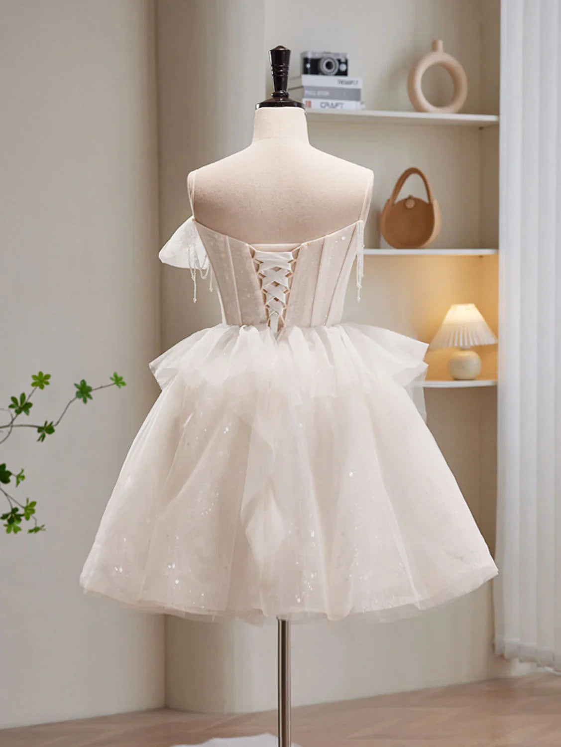 Beige Tulle Sequin Short Prom Dress, Beige Homecoming Dress ED0650