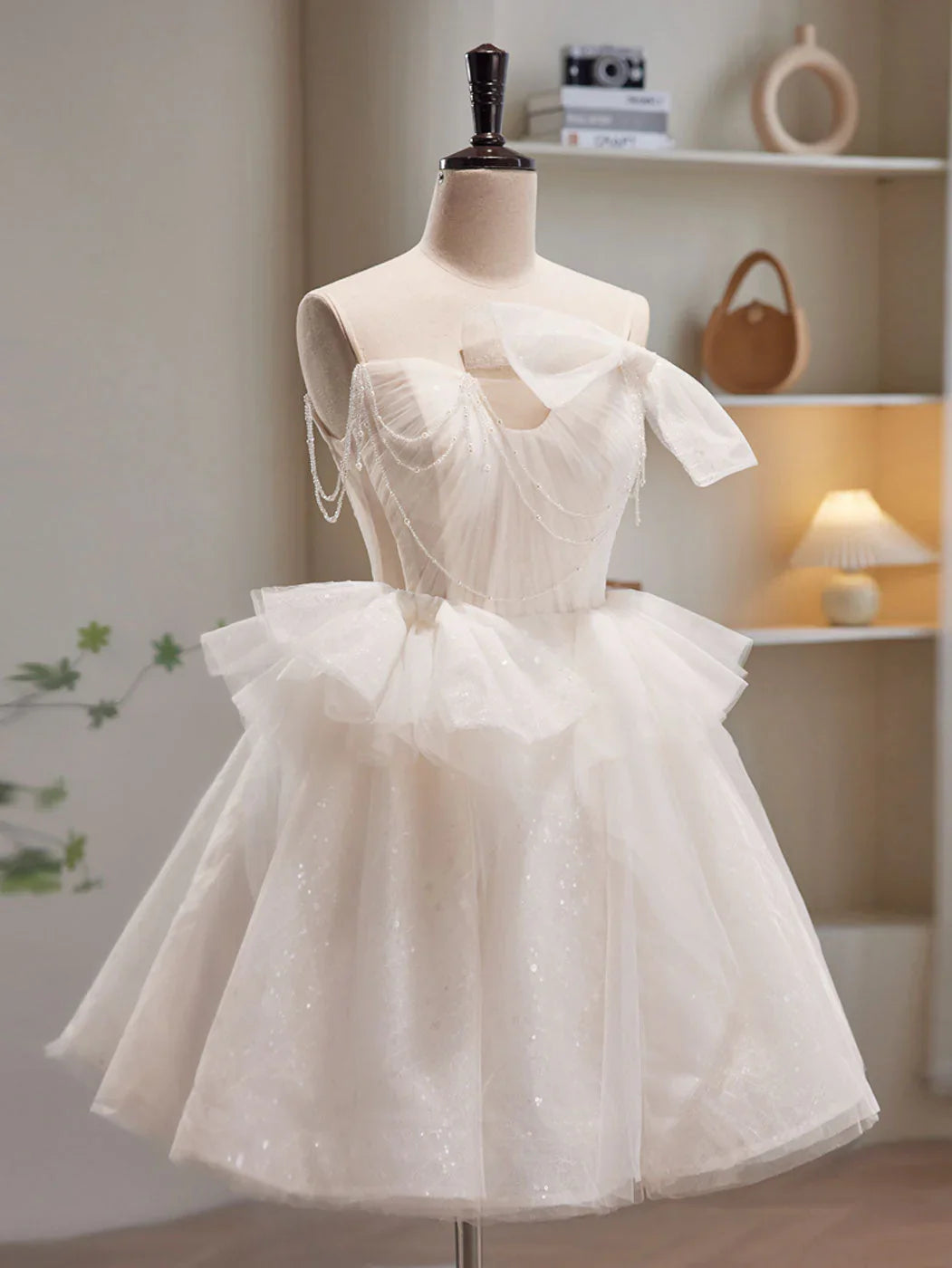 Beige Tulle Sequin Short Prom Dress, Beige Homecoming Dress ED0650