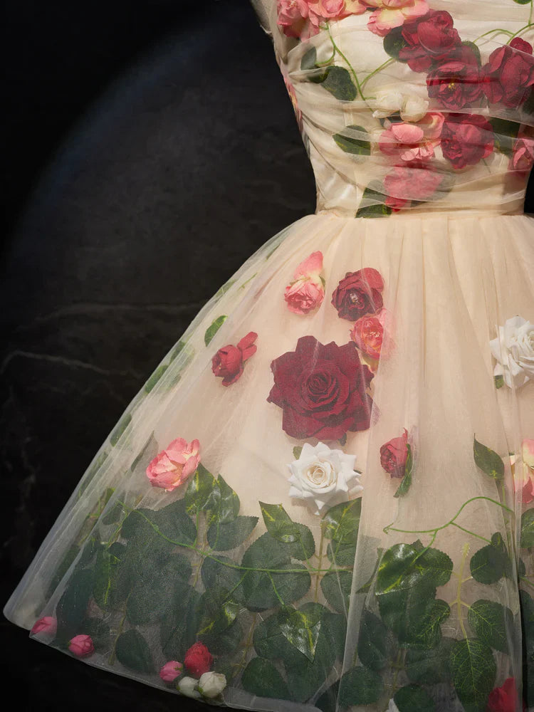 Champagne 3D Flower Tulle Short Prom Dress, Cute Champagne Homecoming Dress ED0652
