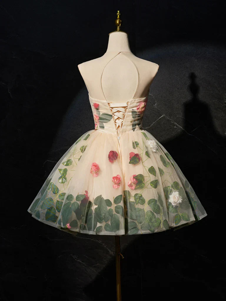 Champagne 3D Flower Tulle Short Prom Dress, Cute Champagne Homecoming Dress ED0652