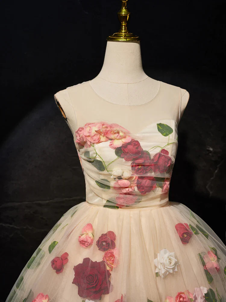 Champagne 3D Flower Tulle Short Prom Dress, Cute Champagne Homecoming Dress ED0652