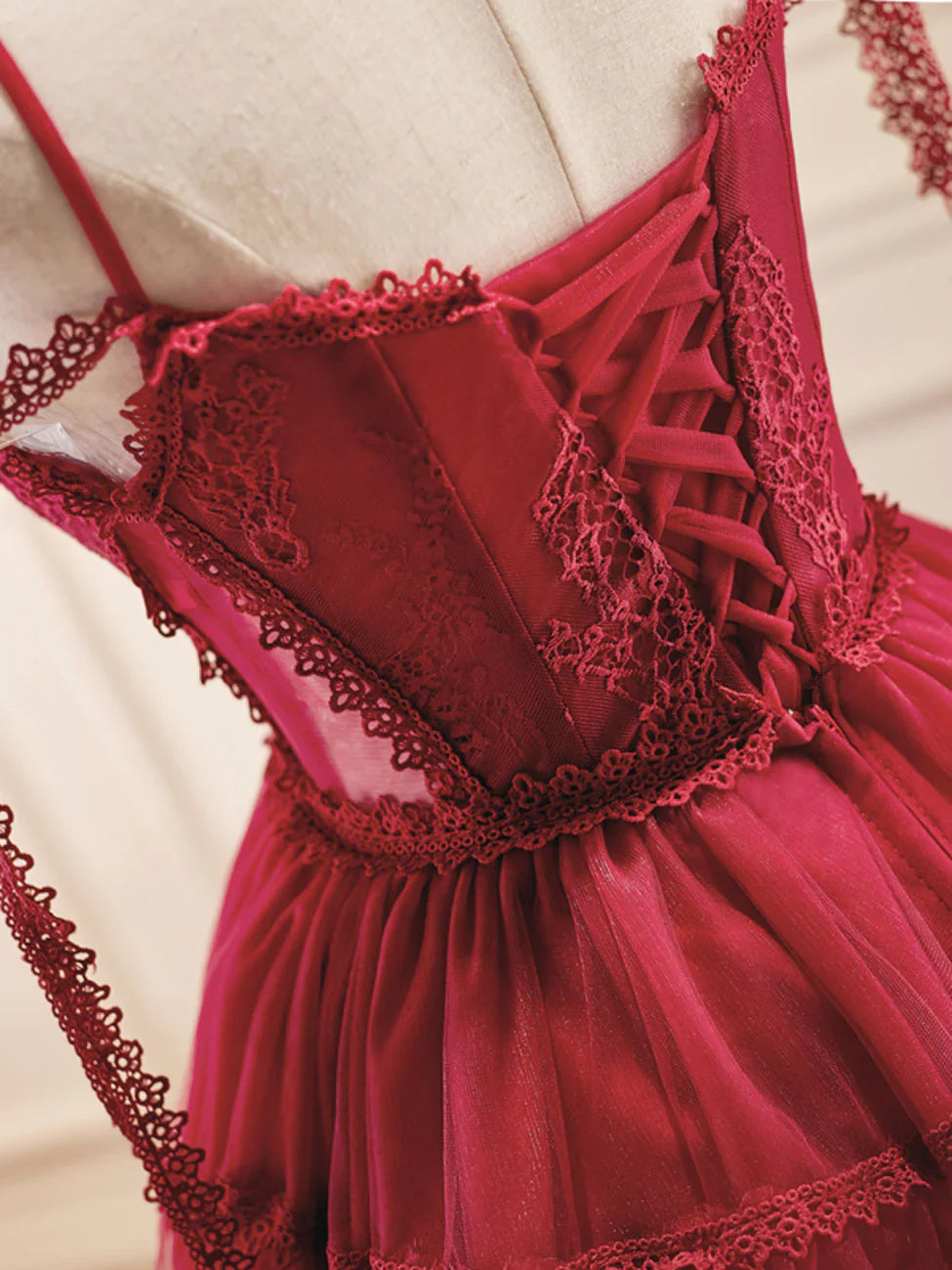 A-Line Burgundy Tulle Lace Short Prom Dresses, Burgundy Homecoming Dresses ED0654