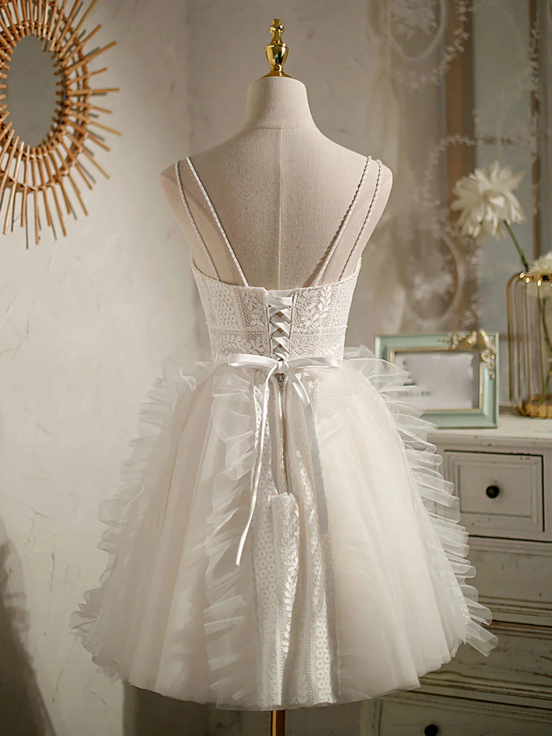 ivory v neck tulle lace short prom dress lace cocktail dress ED0657