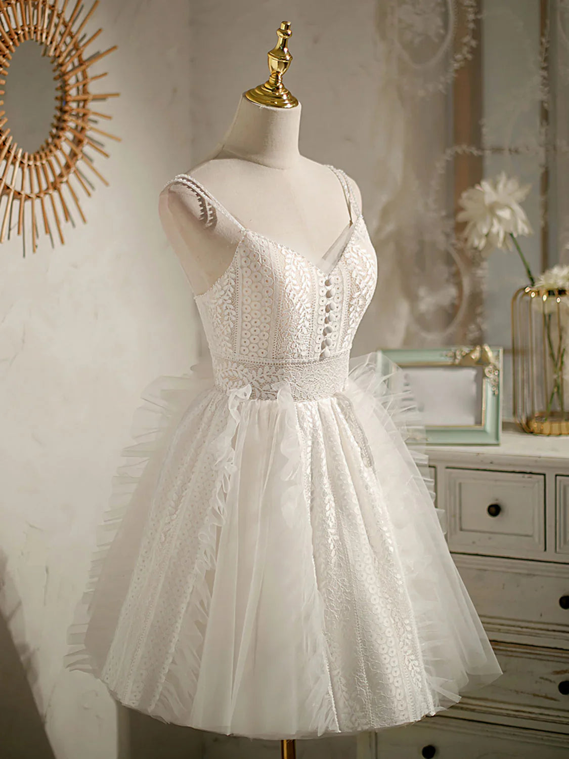 ivory v neck tulle lace short prom dress lace cocktail dress ED0657