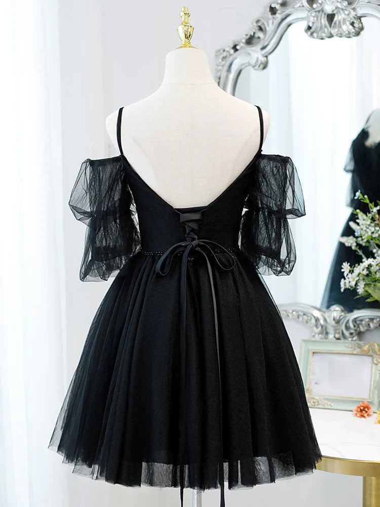Black A-Line Tulle Lace Short Prom Dress, Black Homecoming Dresses ED0658