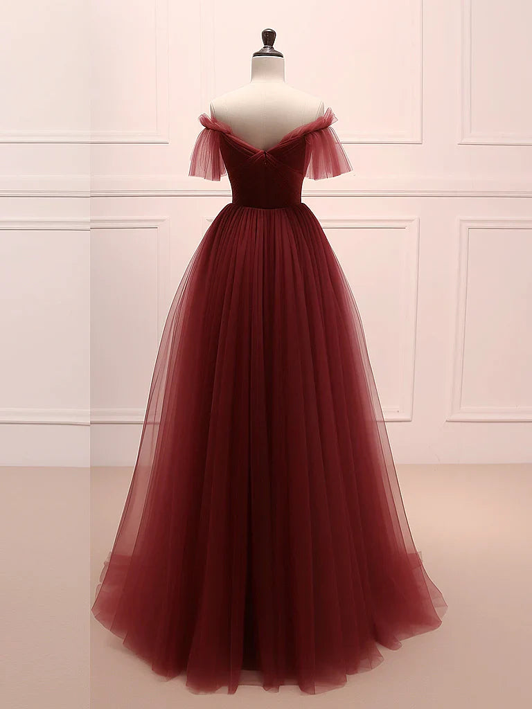A-Line Burgundy Tulle Long Prom Dress, Burgundy Long Evening Dress ED0660