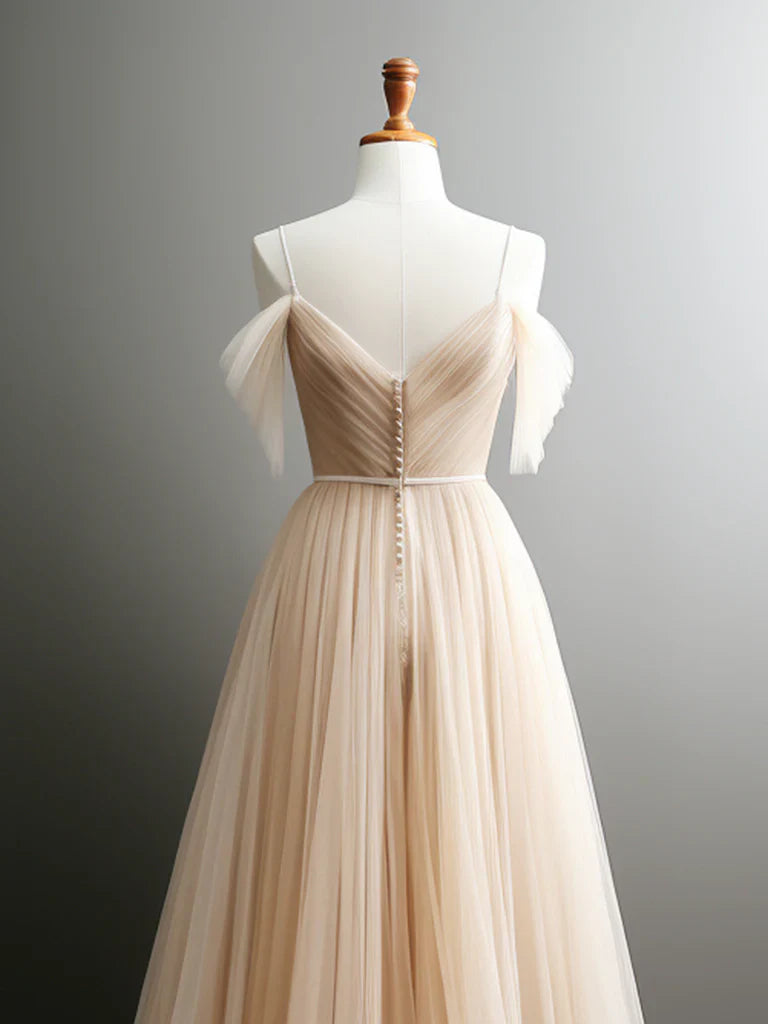 A-Line Off Shoulder Champagne Tulle Long Prom Dress, Champagne Long Evening Dress ED0661
