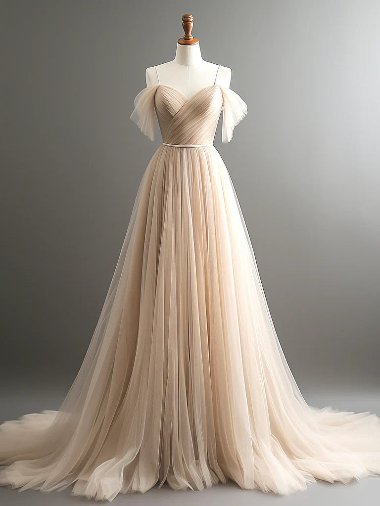 A-Line Off Shoulder Champagne Tulle Long Prom Dress, Champagne Long Evening Dress ED0661