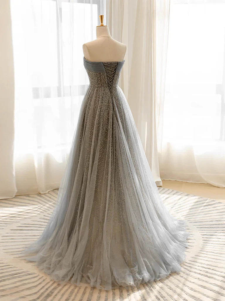 Gray Tulle Sequin Long Prom Dress, Gray Tulle Long Evening Dress ED0669