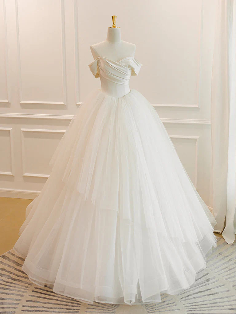 A-Line White Off Shoulder Tulle Long Prom Dress, White Long Formal Dress ED0674