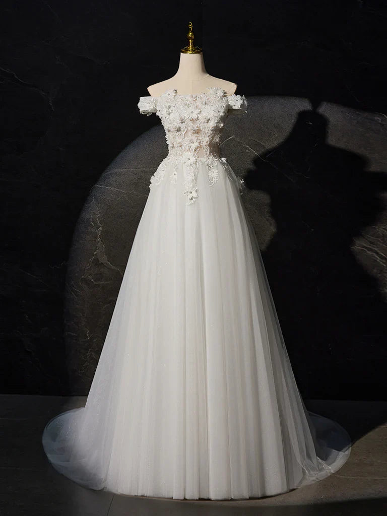 A-Line Off Shoulder Tulle Lace Long Prom Dress, White Lace Long Formal Dress ED0680
