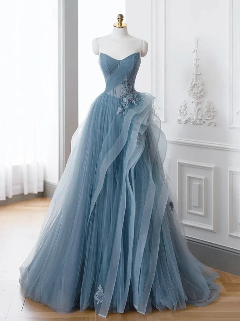 Gray Blue Tulle Lace Long Prom Dress, Gray Blue Formal Dress ED0683