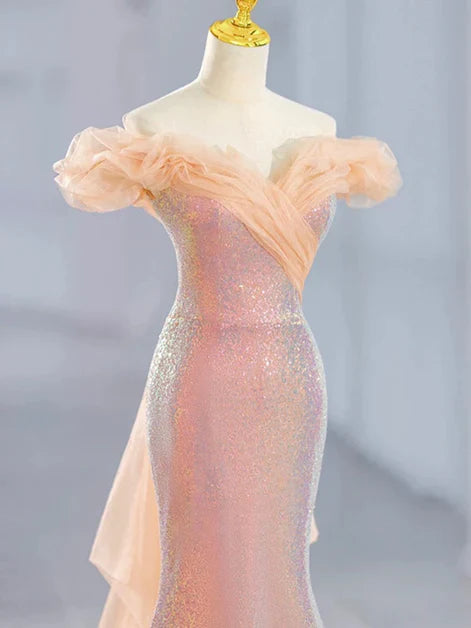 Lovely Mermaid Tulle Off Shoulder Sweetheart Party Dress, Sequins Prom Dress ED0684