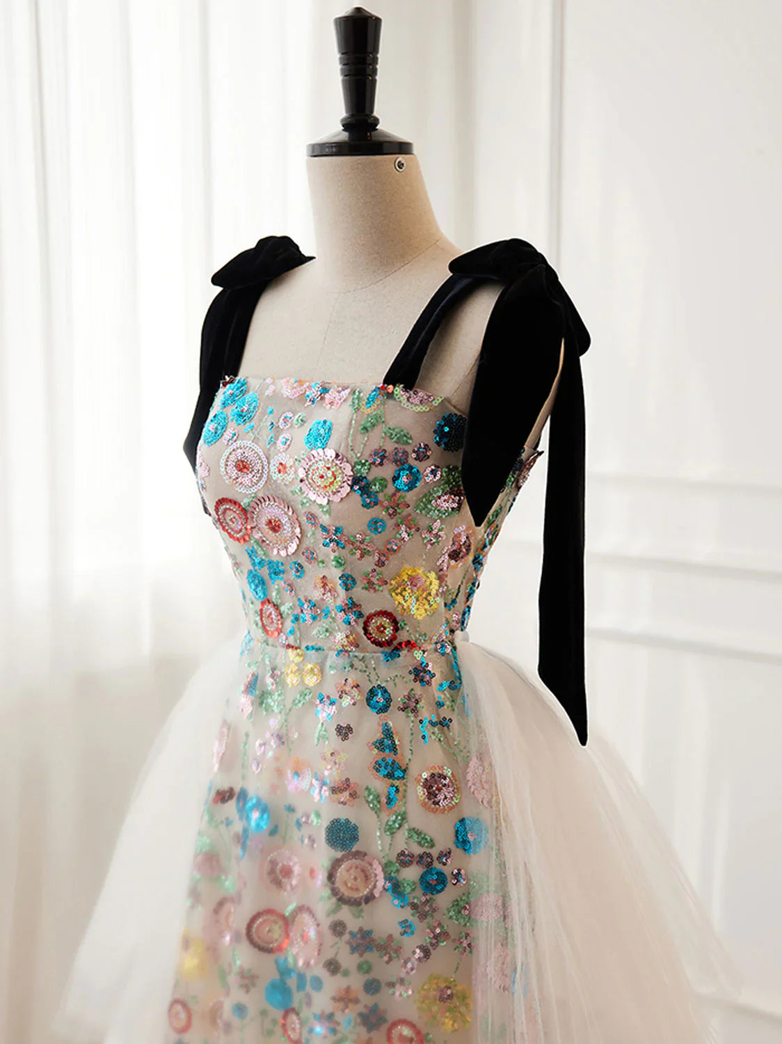 Unique A-Line Sequin Flower Tulle Long Prom Dress, White Formal Evening Dress ED0689