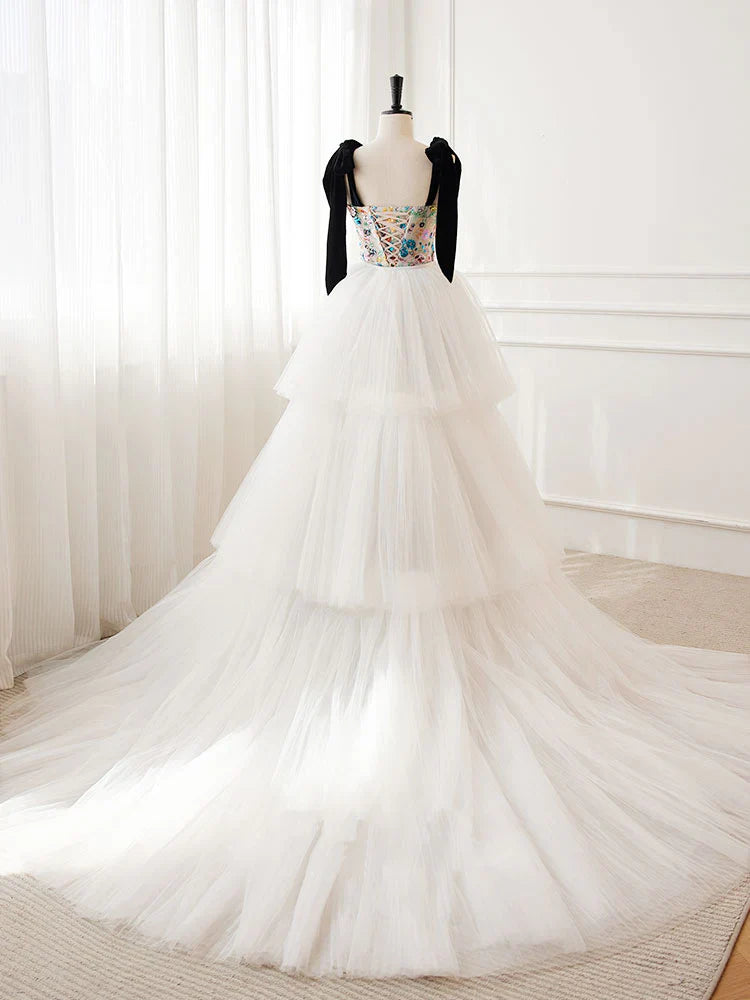 Unique A-Line Sequin Flower Tulle Long Prom Dress, White Formal Evening Dress ED0689