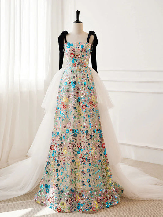 Unique A-Line Sequin Flower Tulle Long Prom Dress, White Formal Evening Dress ED0689