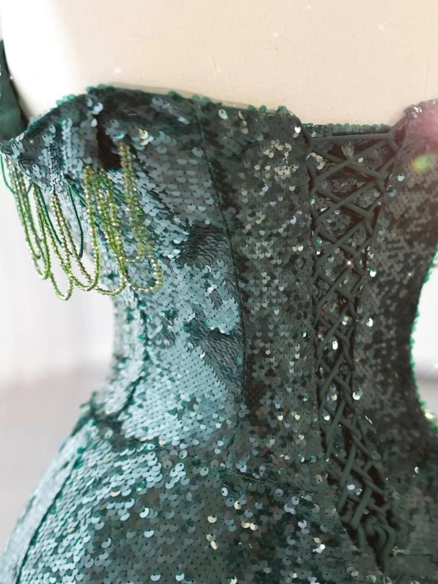 A-Line Tulle Sequin Dark Green Long Prom Dress, Green Formal Evening Dress ED0691