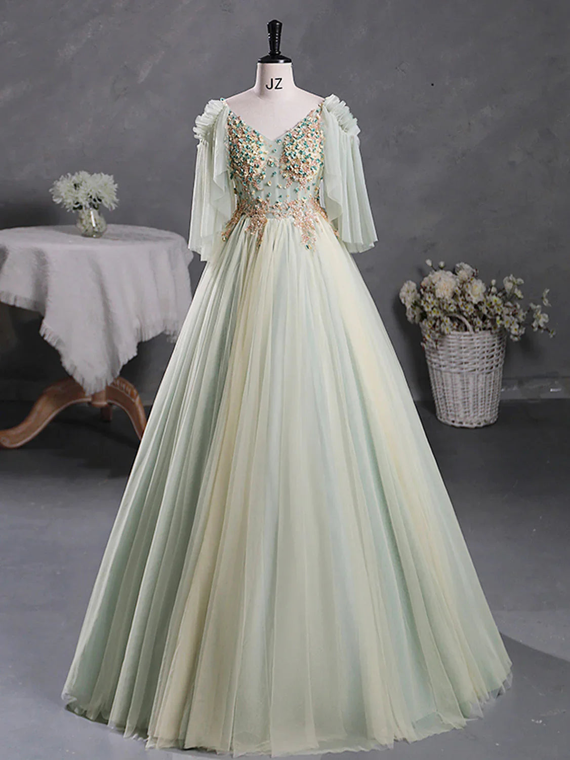 Green A-Line 3D Lace Long Prom Dress, Green Lace Sweet 16 Dress ED0696