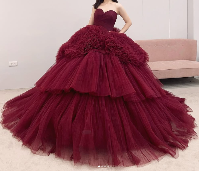Burgundy Round Neck Tulle Burgundy Long Prom Gown, Burgundy Long Evening Dress ED0698