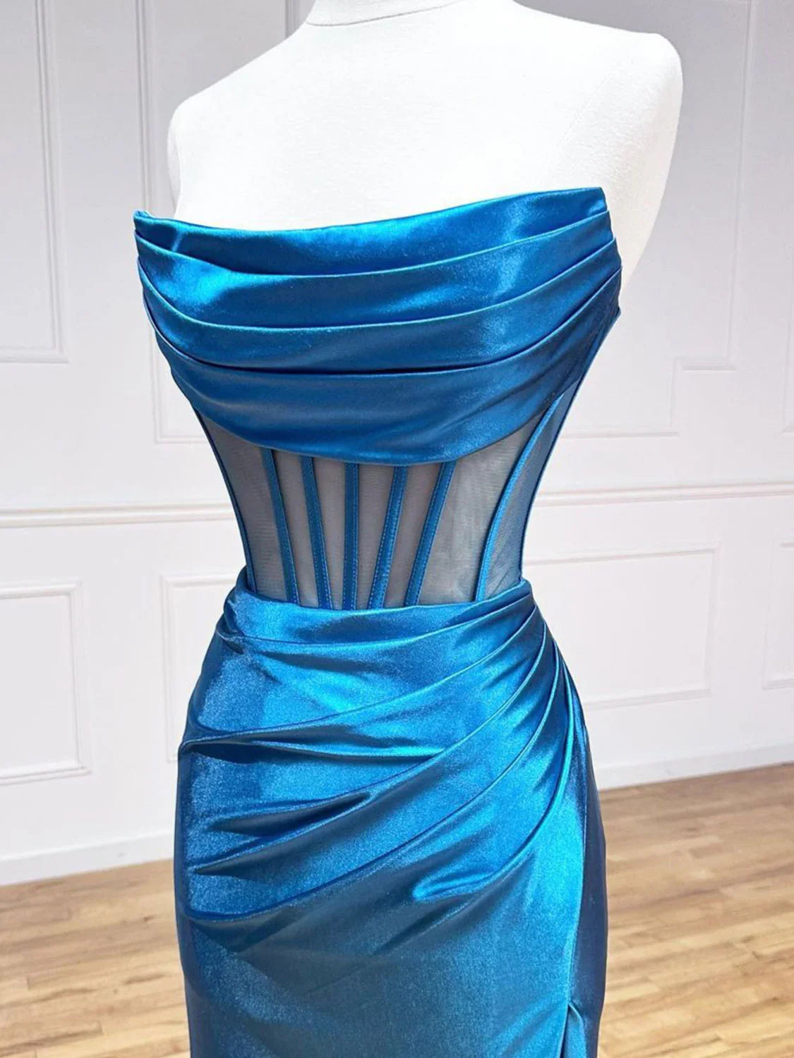 Blue Satin Mermaid Long Prom Dresses, Blue Formal Evening Dresses ED0700