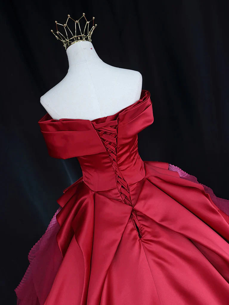 Red Off Shoulder Satin Tulle Long Prom Gown, Red Long Evening Gown ED0701