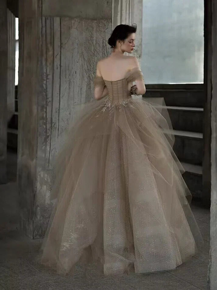 Champagne Tulle Lace Long Prom Dress, Champagne Formal Evening Dress ED0706