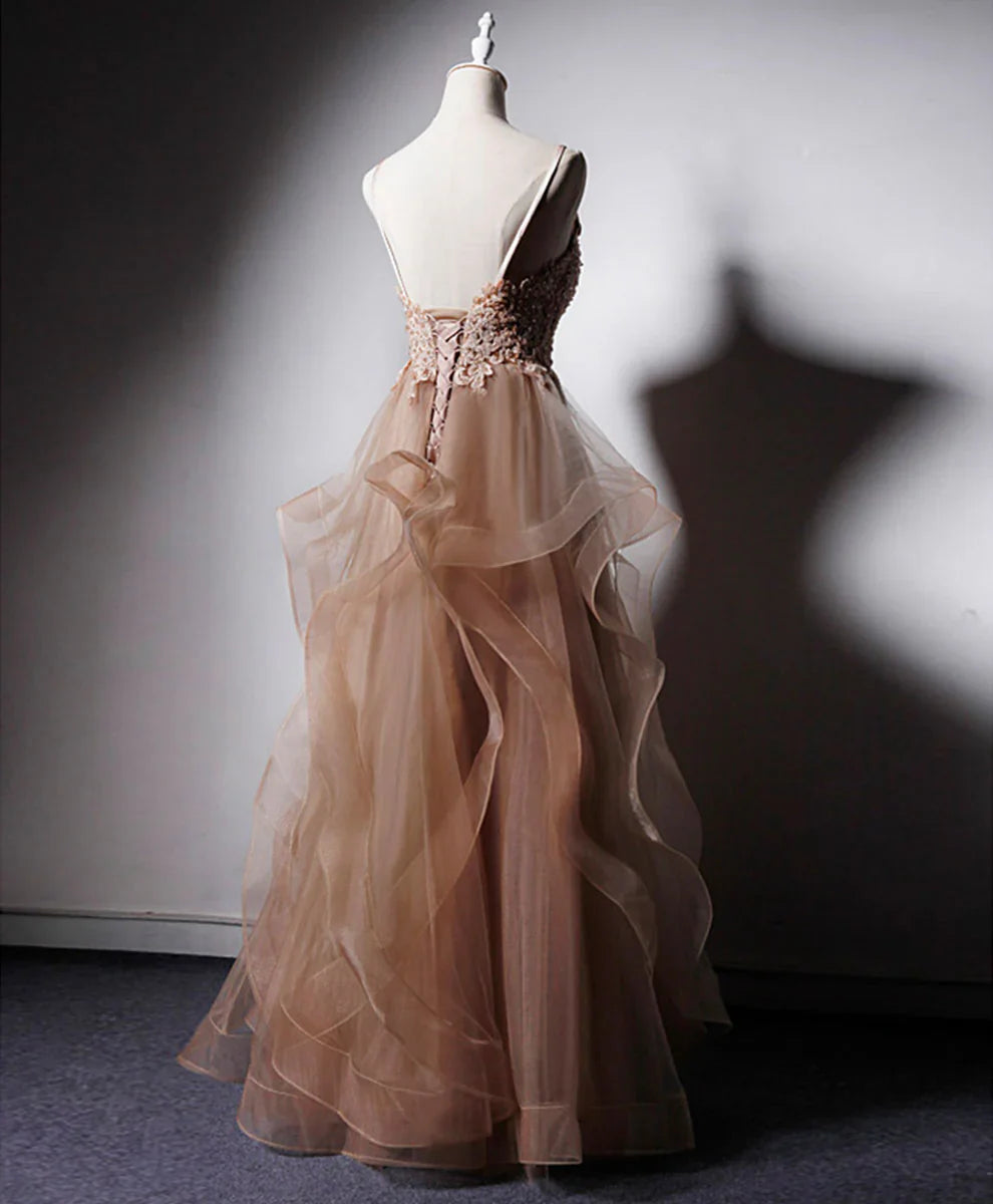 Champagne v neck tulle lace long prom dress,champagne evening dress ED0719