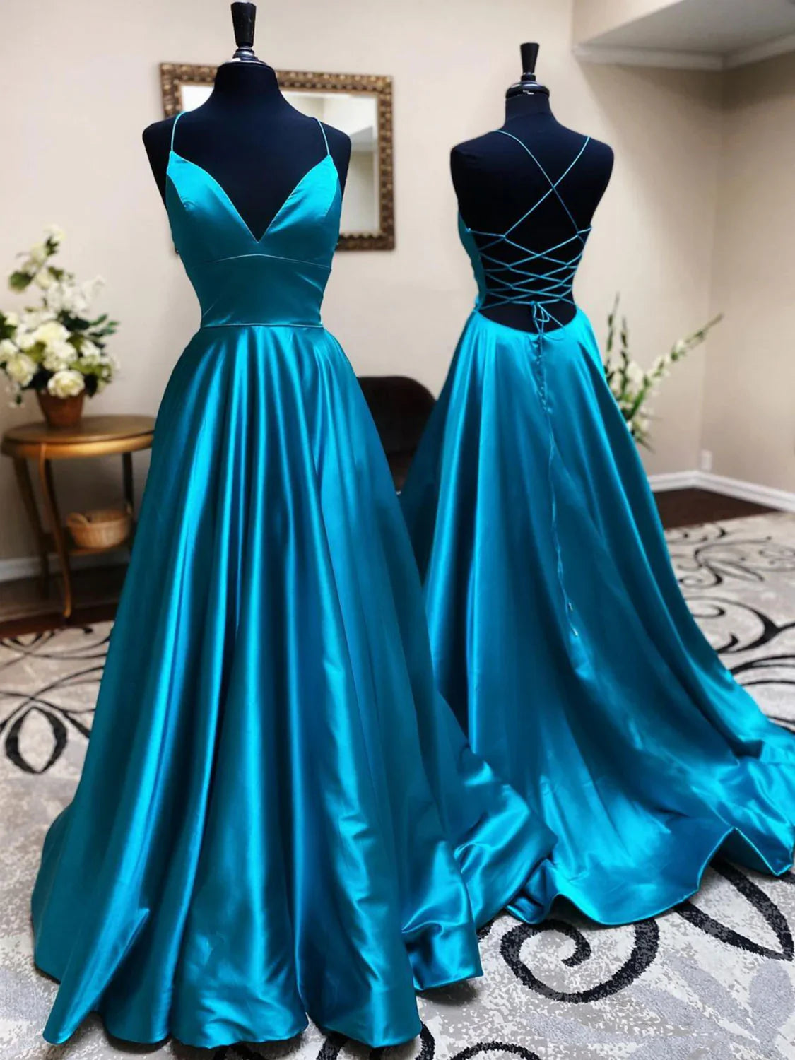A-Line Blue Satin Long Prom Dress, Blue Formal Evening Dresses ED0721