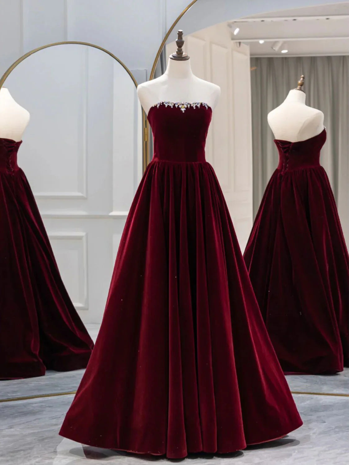 A-Line Burgundy Velvet Long Prom Dress, Burgundy Evening Dresses ED0723