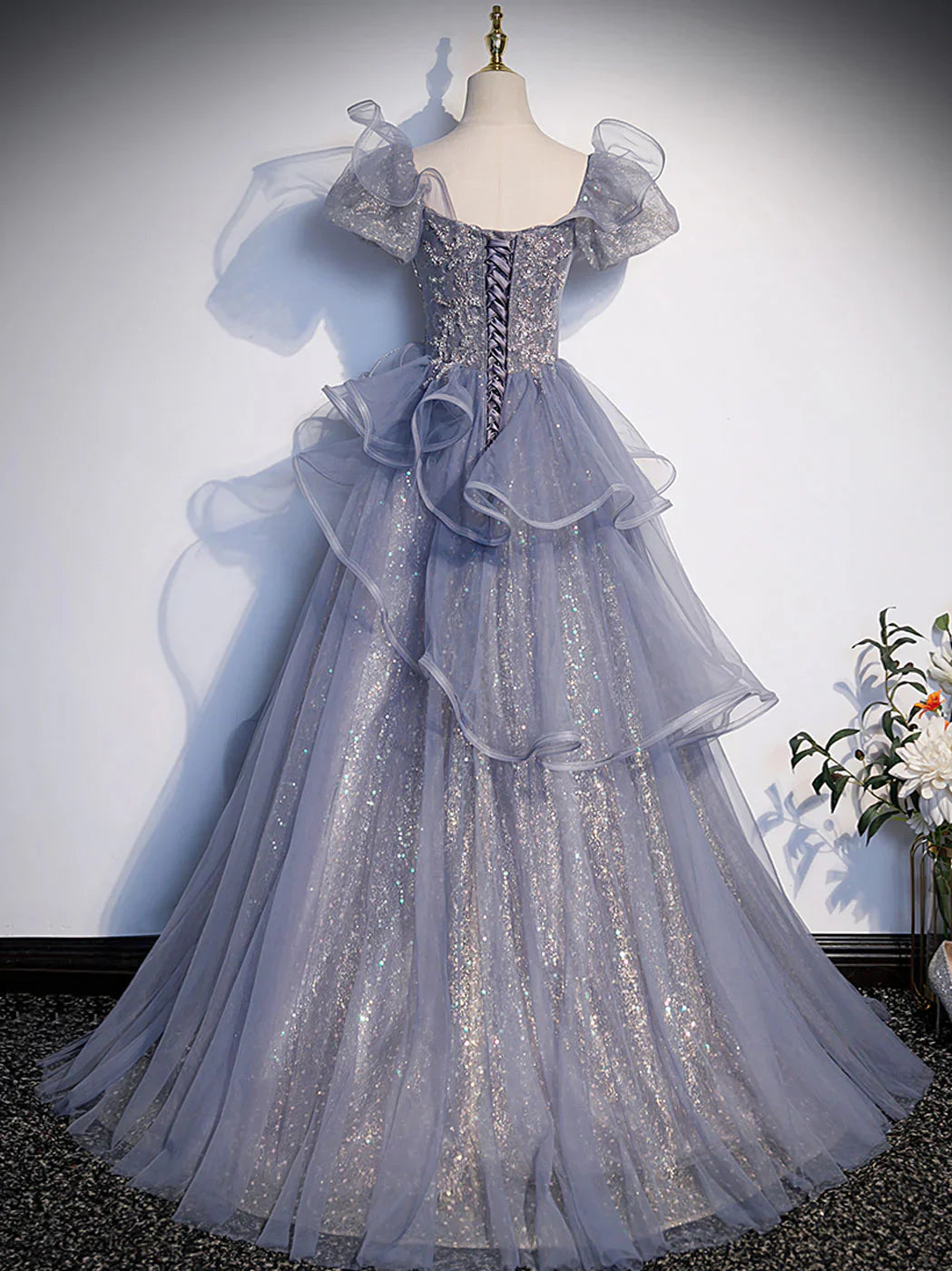 A-Line Gray Sequin Long Prom Dress, Sequin Tulle Formal Evening Dresses ED0727