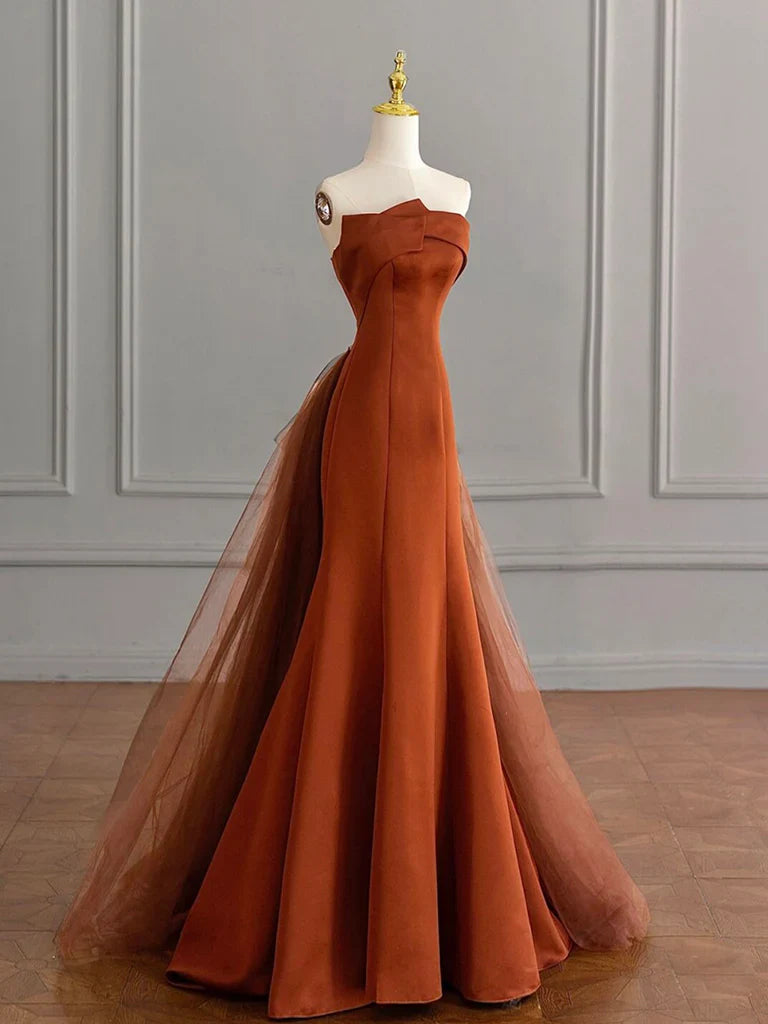 Unique Mermaid Satin Brown Long Prom Dress, Brown Long Evening Dress ED0730