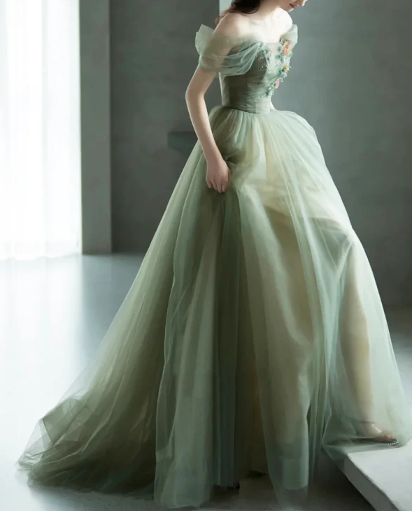 A-Line Green Tulle Long Prom Dresses, Green Formal Evening Dresses ED0731