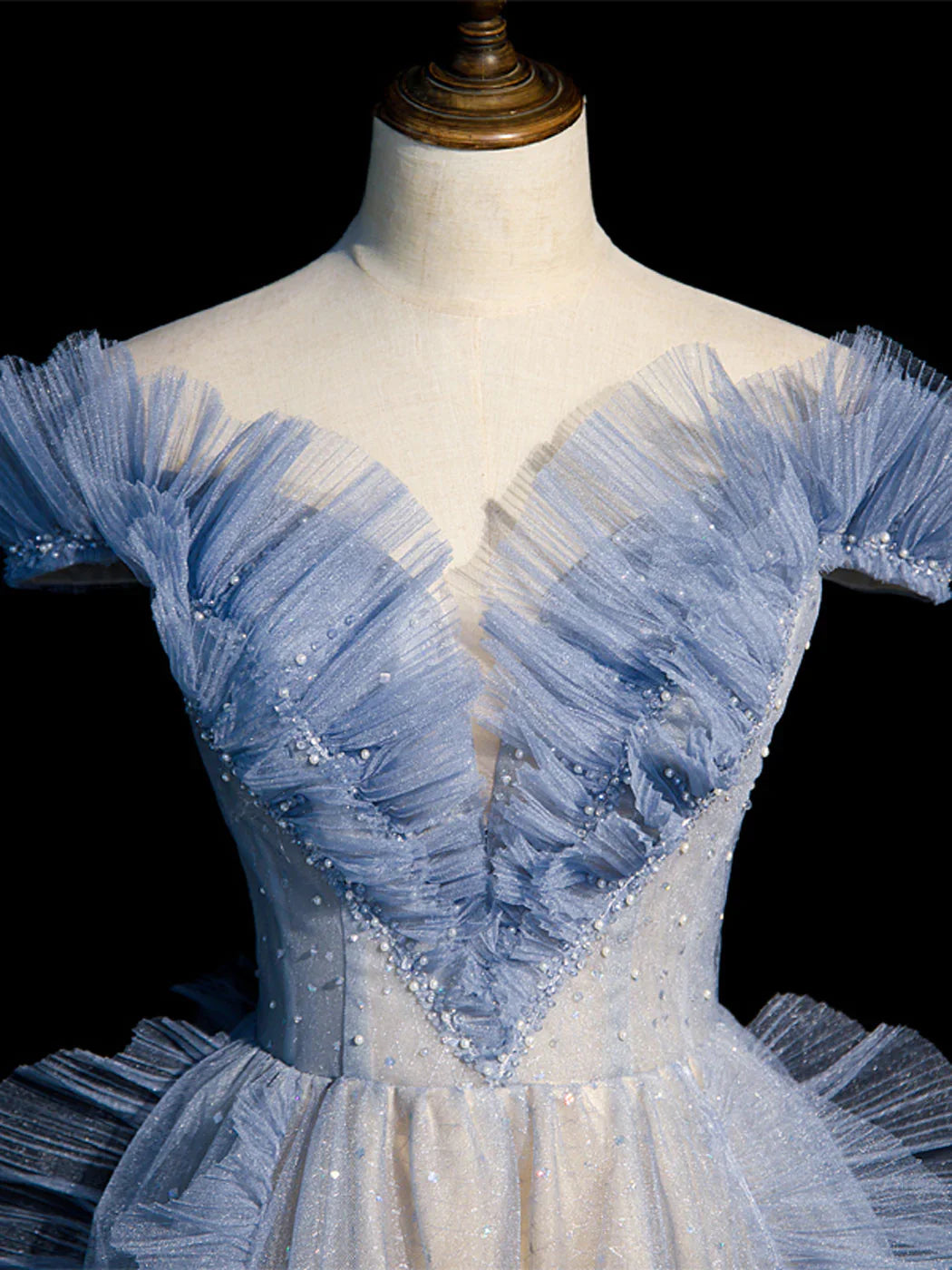 Blue Off Shoulder Tulle Sequin Beading Long Prom Dress, Blue Formal Dress ED0736
