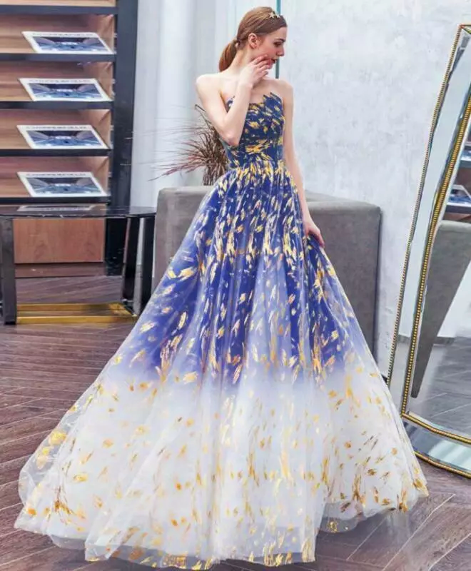 A-Line Tulle Blue Long Prom Dress, Blue Tulle Long Evening Dresses ED0739