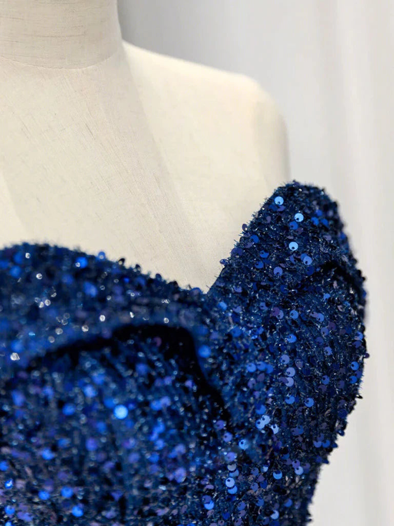 Simple Off Shoulder Sequin Blue Long prom Dress, Blue Sequin Long Evening Dress ED0742